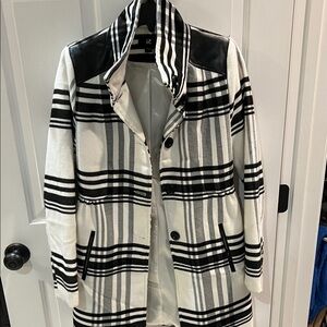 Iz Byer Black and White Plaid Pea Coat with pops of faux leather